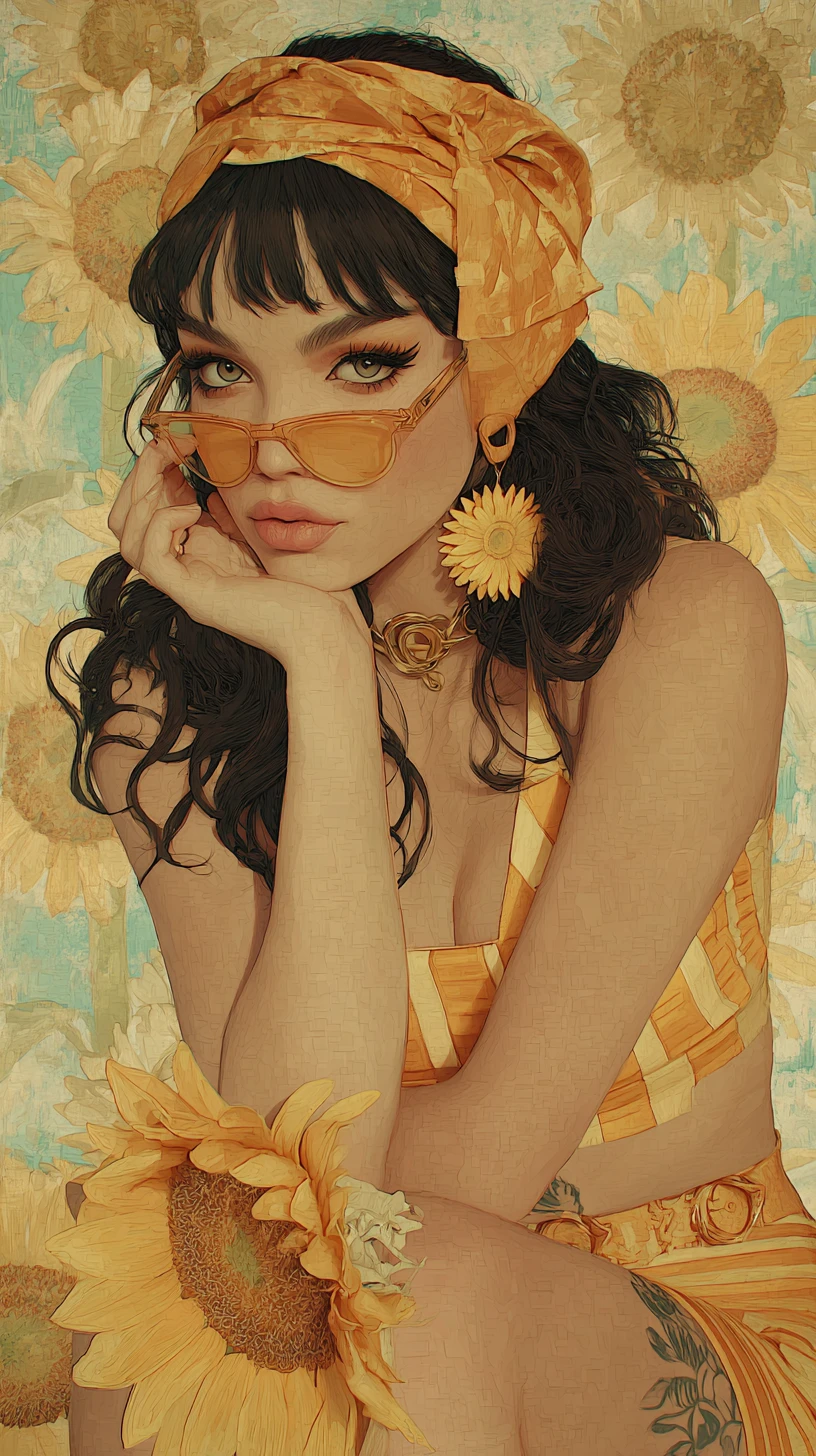 Mulher sorridente com girassóis em uma pintura digital acolhedora
