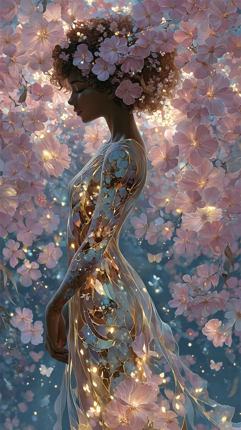 Retrato surreal de uma mulher entre a primavera e o verão