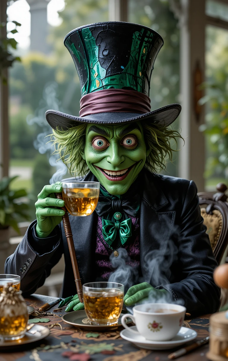 Personagem de chapeleiro maluco verde tomando chá em mesa ao ar livre