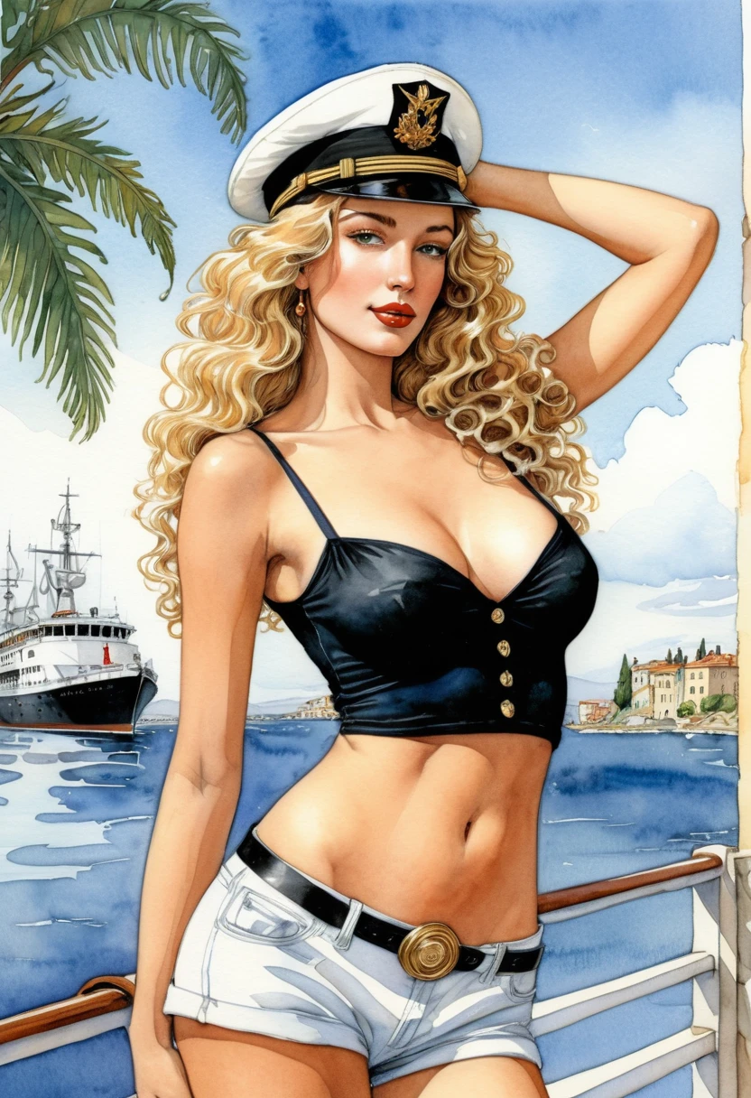 Jeune femme blonde avec casquette navale posant sur le pont d’un yacht