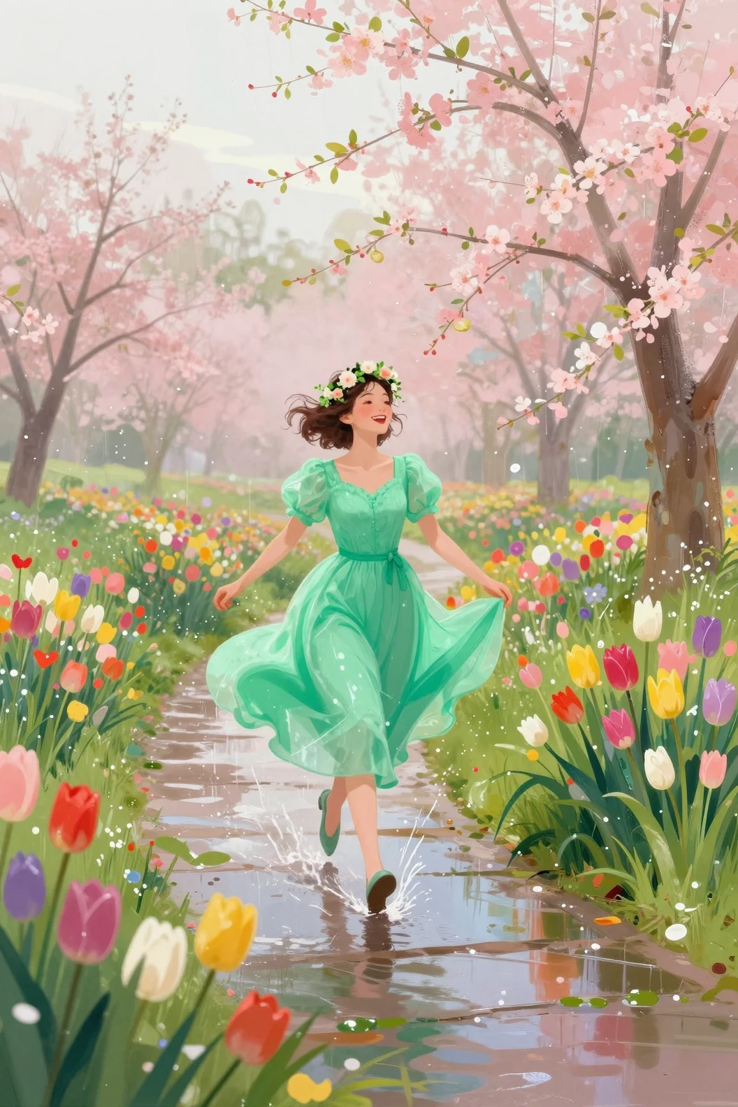 Garota de vestido verde caminhando por parque de flores chuvoso
