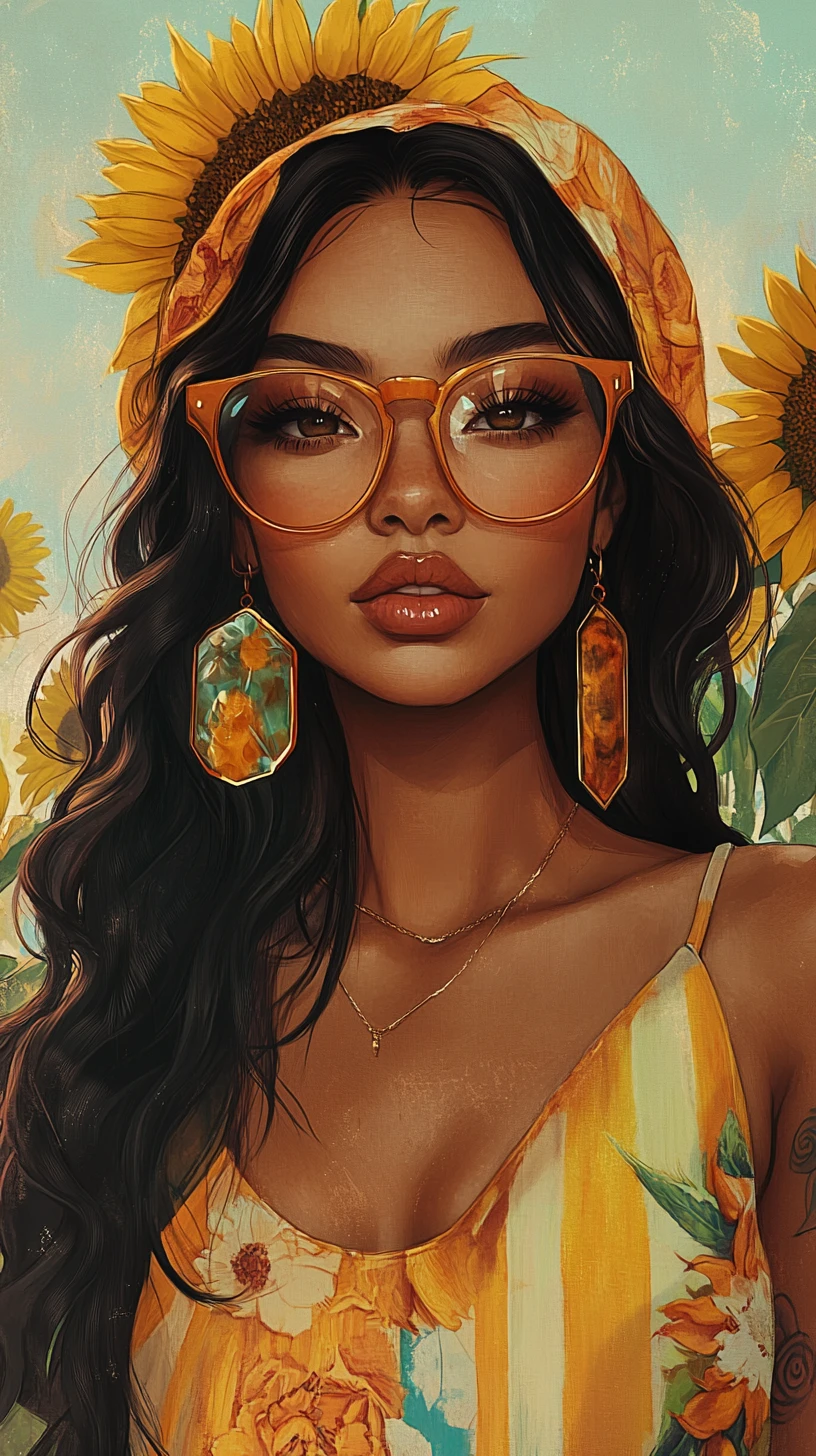 Mulher estilosa com girassóis em uma pintura digital acolhedora