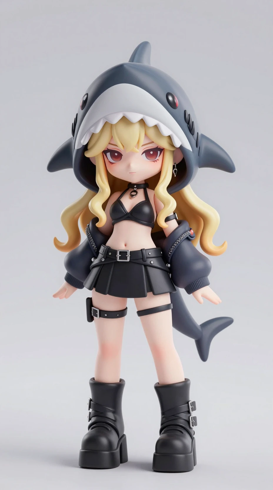 Chibi-Gothic-Mädchenfigur mit Haifischkapuze im 3D-Render