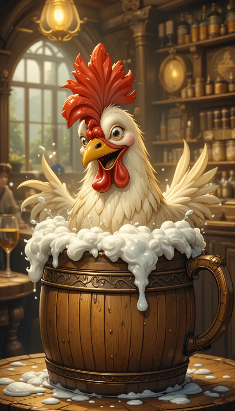 Poule joyeuse façon cartoon dans une chope tonneau de pub pleine de mousse