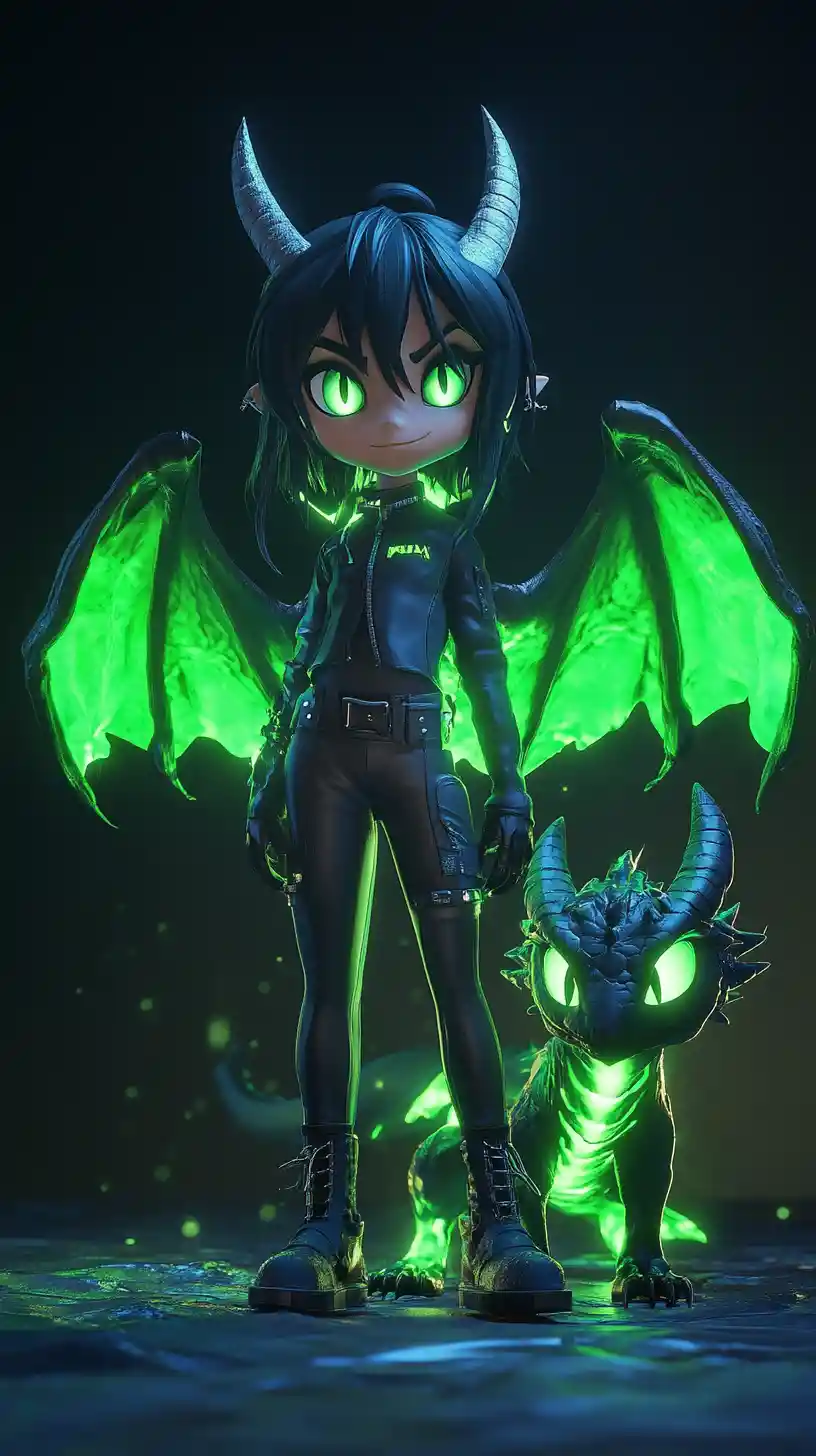 Chica demonio chibi con dragón de huesos neón en fantasía oscura