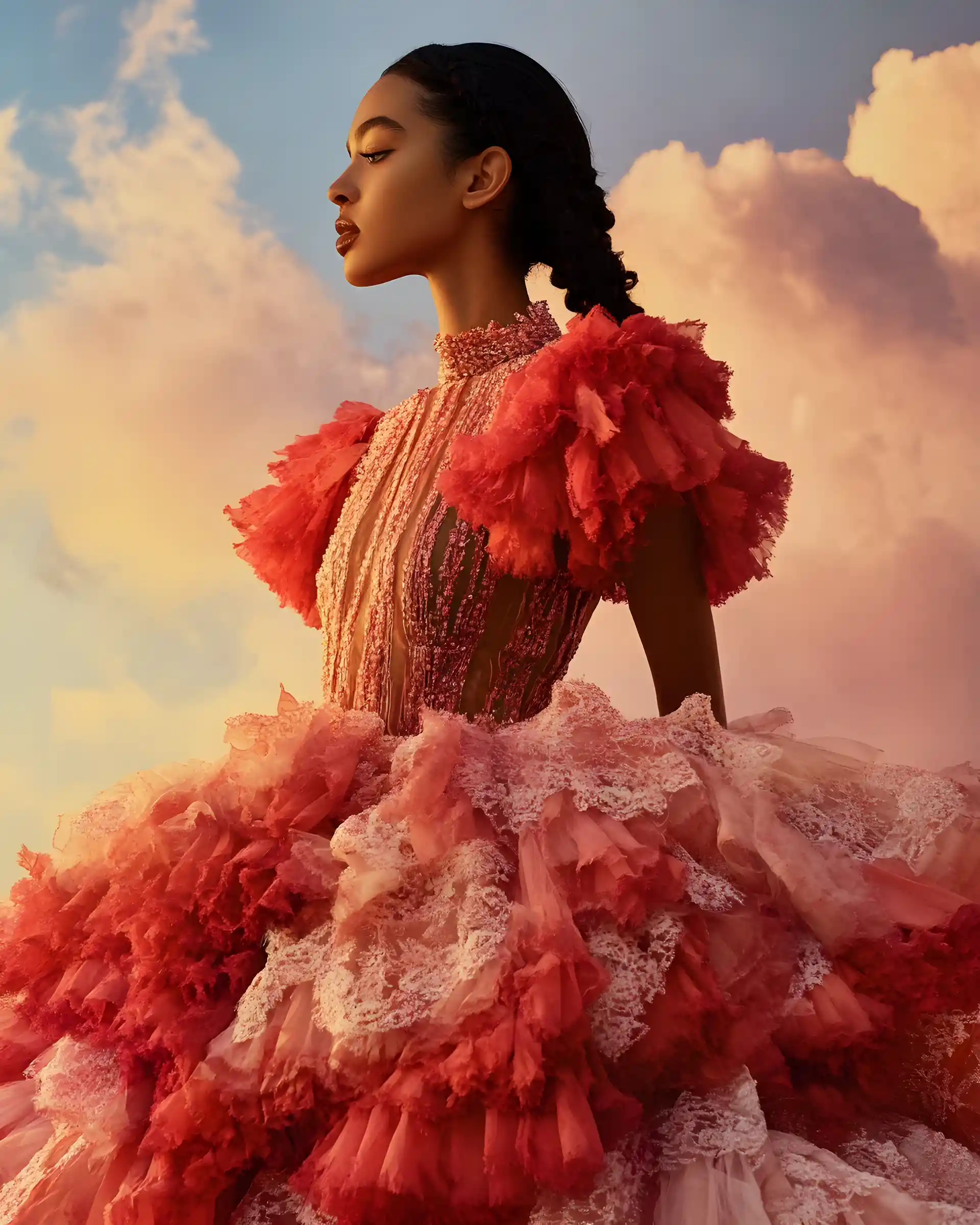 Haute couture fashion model in cinematic close up portrait