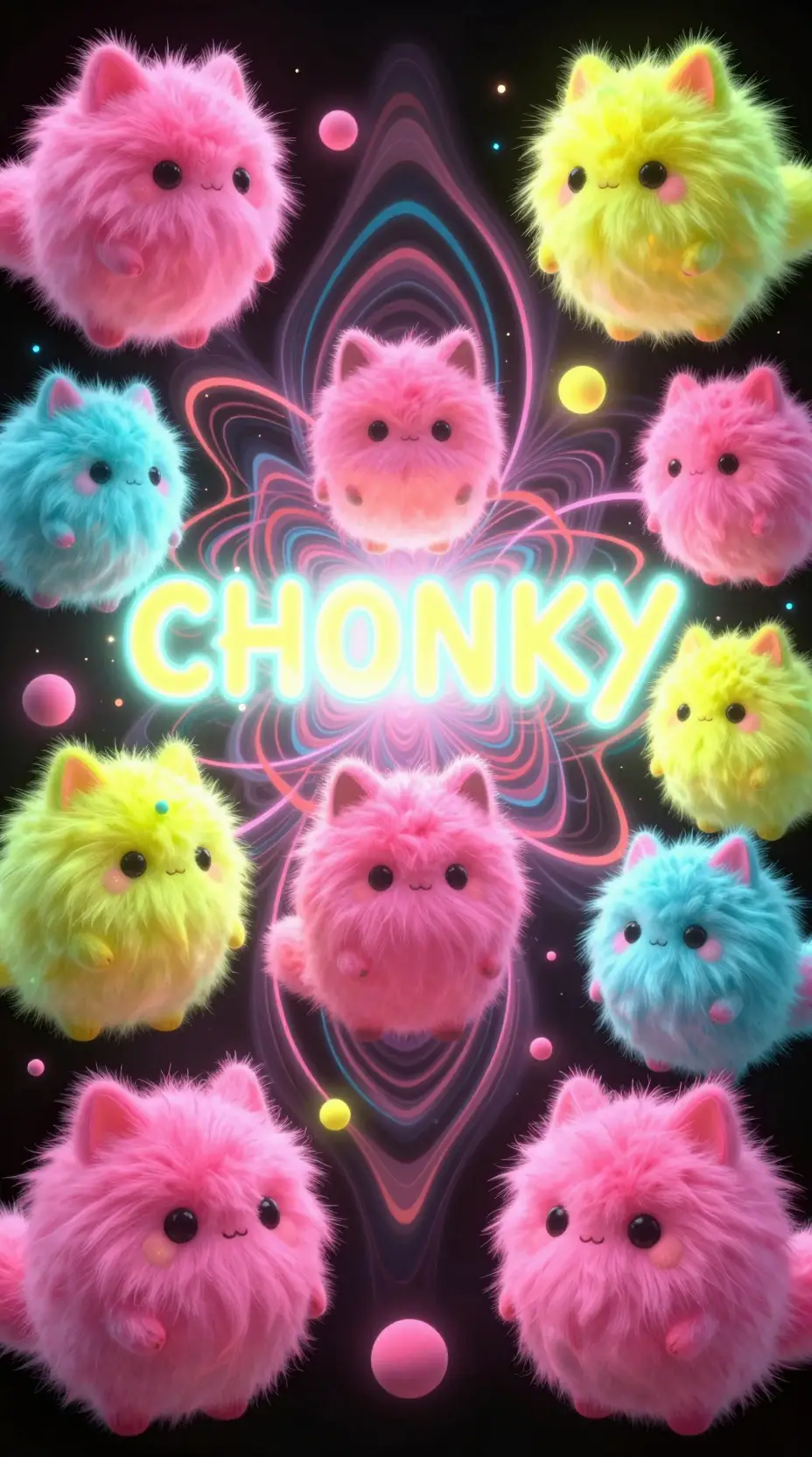 Creature fantasy al neon che si dissolvono in luce geometrica ipnotica