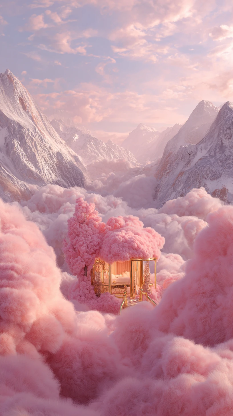 Maison nuage rose flottante au-dessus d’un paysage de montagnes enneigées