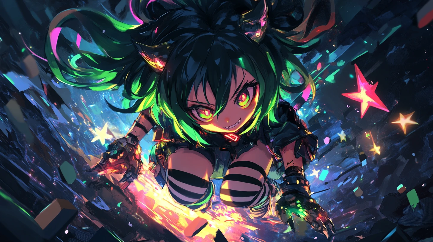 Ragazza demone chibi ribelle in un vortice cosmico al neon