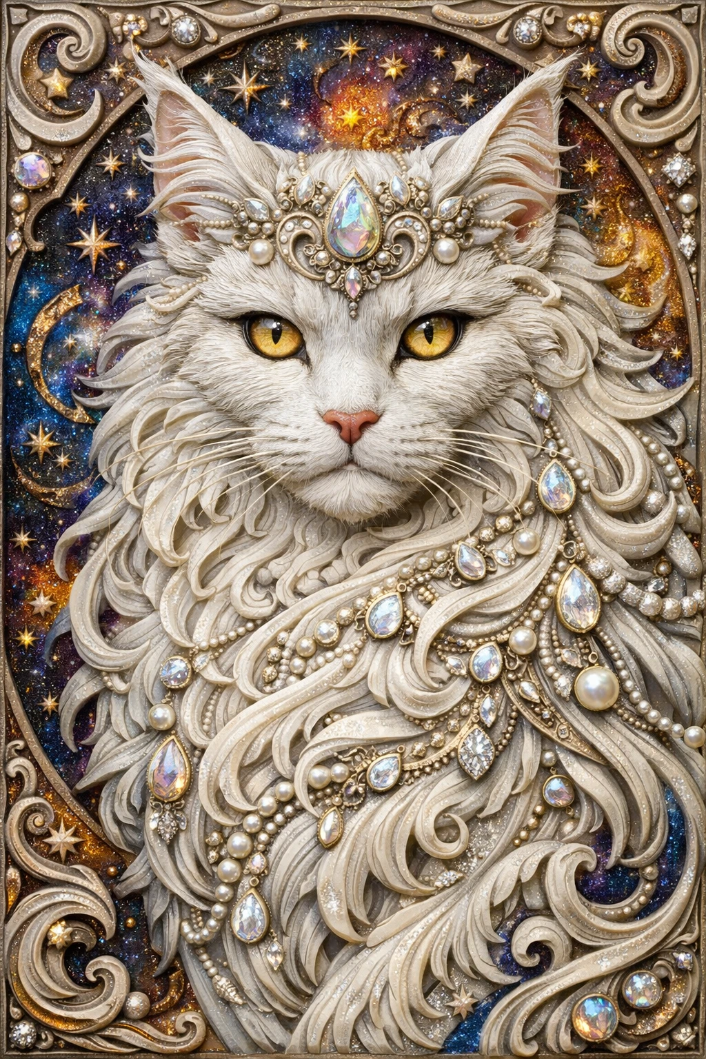 Relevo 3D branco de Maine Coon com detalhes cósmicos de joias