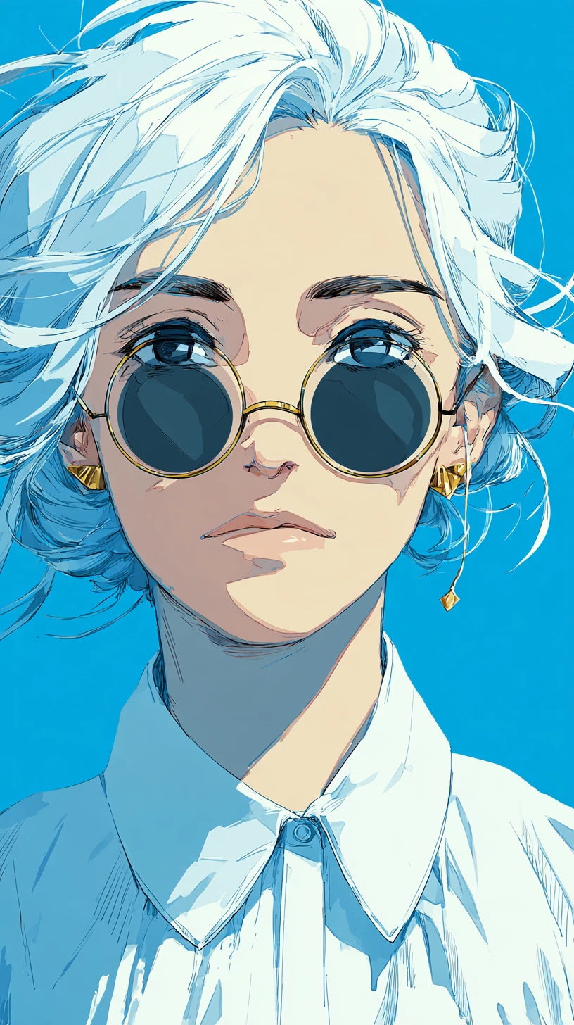 Ritratto di ragazza anime con capelli bianchi e occhiali da sole rotondi