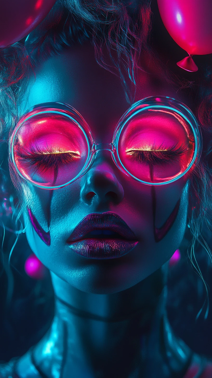 Musa palhaça neon com maquiagem brilhante de carnaval cyber