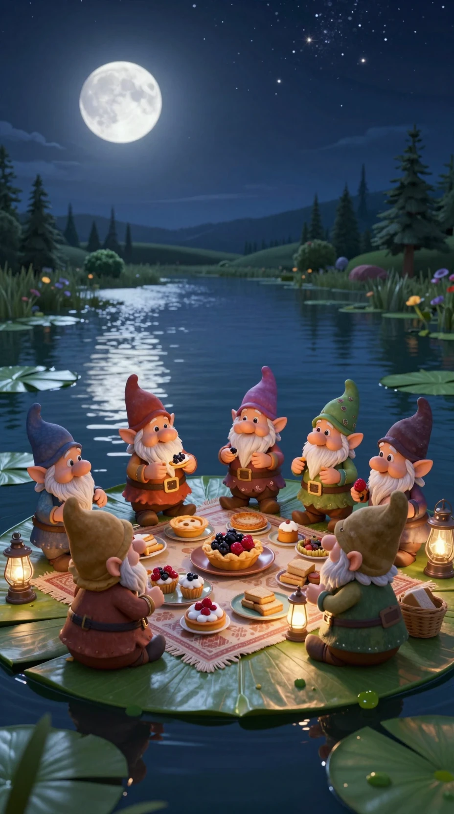 Gnomos alegres fazendo um piquenique em uma vitória-régia ao luar