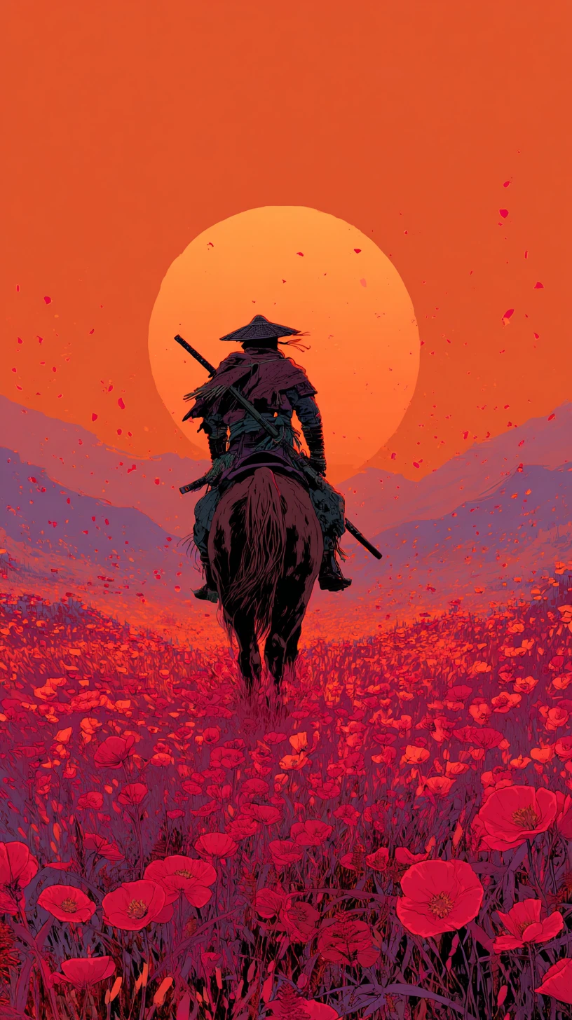 Samurai solitário cavalgando por campo de papoulas carmesins ao pôr do sol