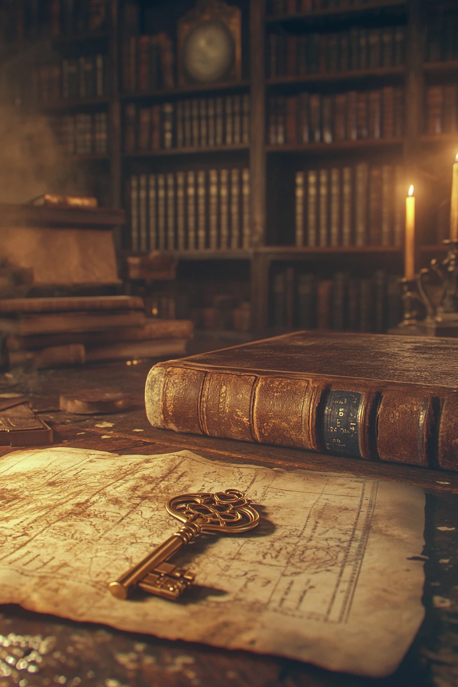 Chave esqueleto dourada em cena de antiga biblioteca à luz de velas
