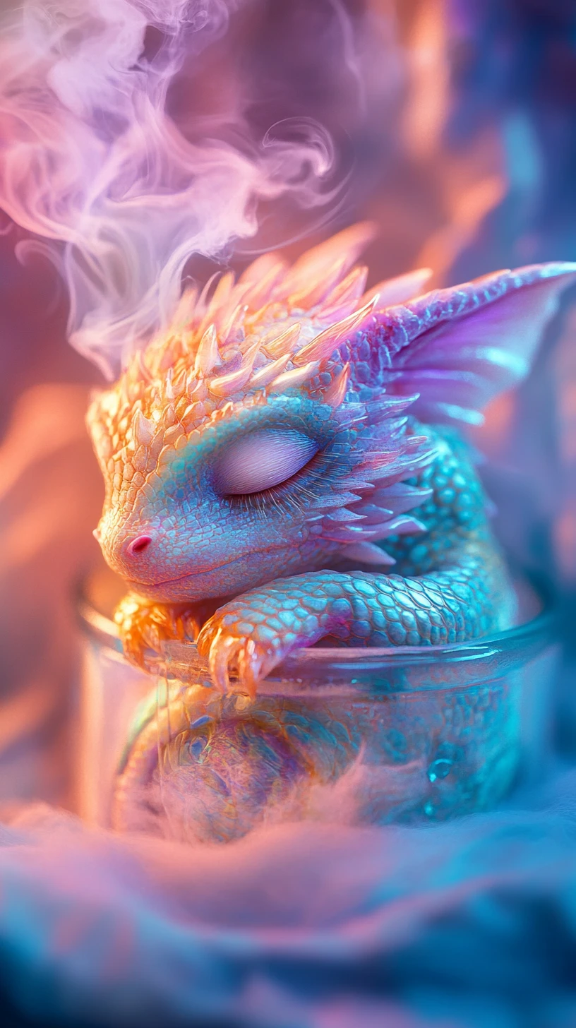 Winziger Babydrache, der in einem leuchtenden Glasgefäß schläft