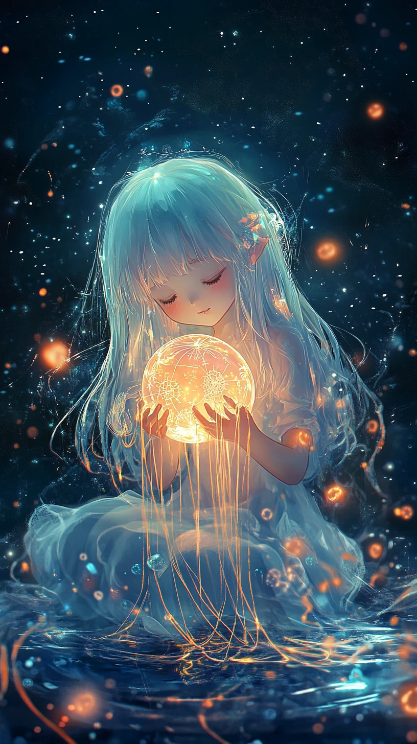 Ragazza demone chibi che tiene tra le mani un globo onirico radiante nel silenzio
