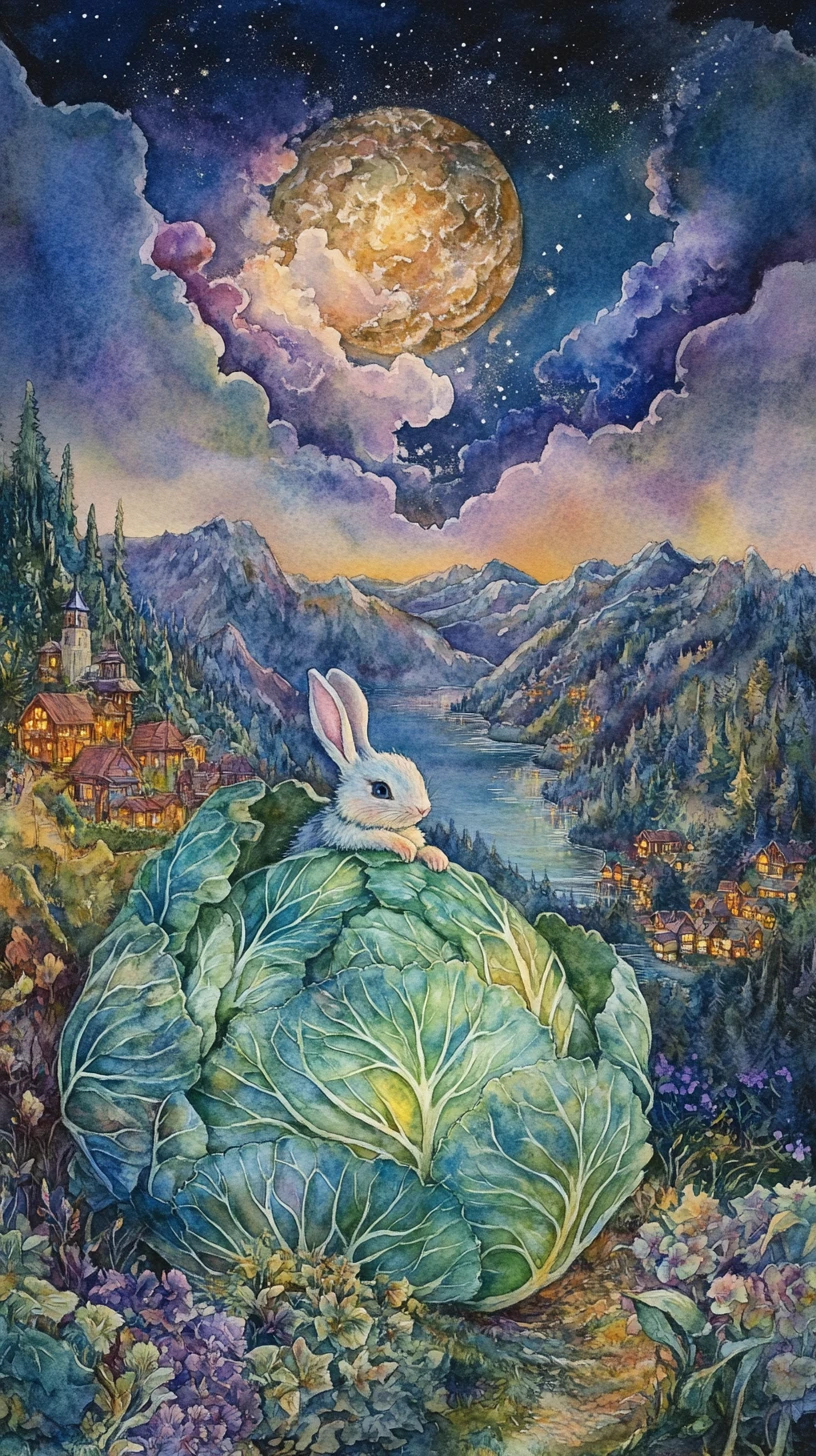 Coelho fantasioso repousando em uma paisagem de gigantescos repolhos