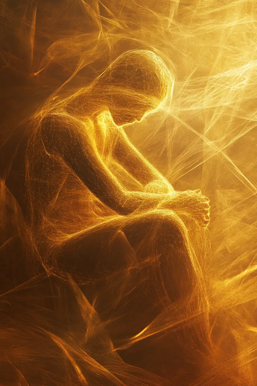 琥珀色光影中的抽象人物與幾何數位造型