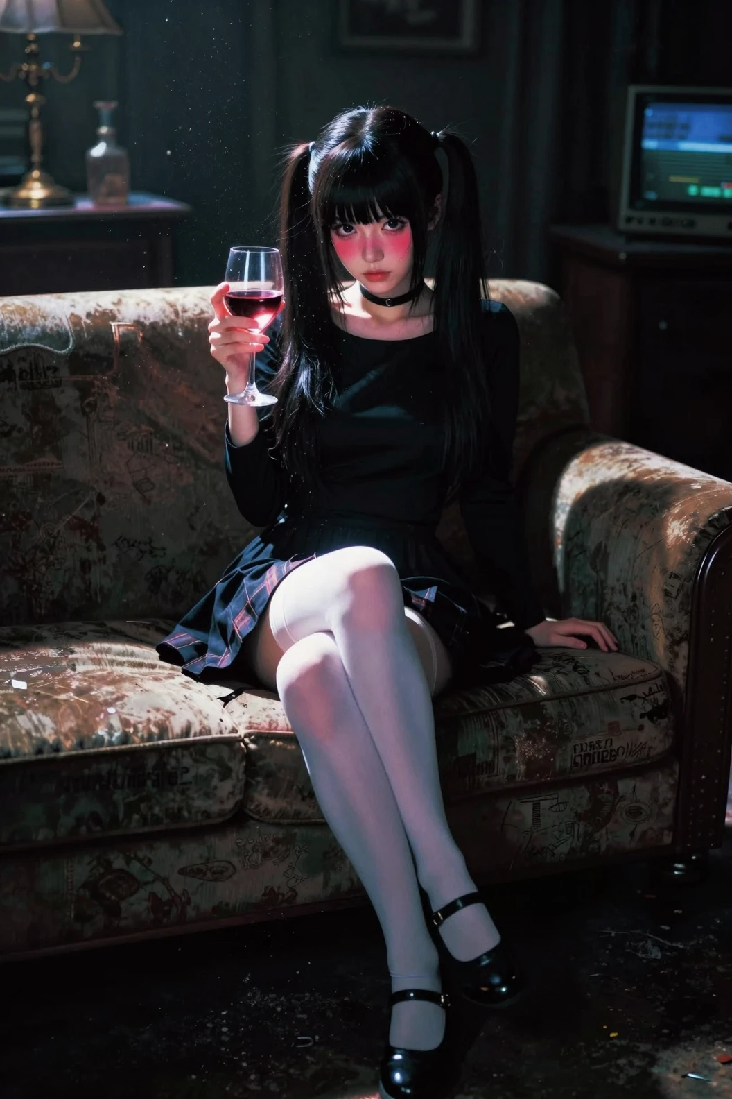 Melancholic anime girl with wine in retro living room