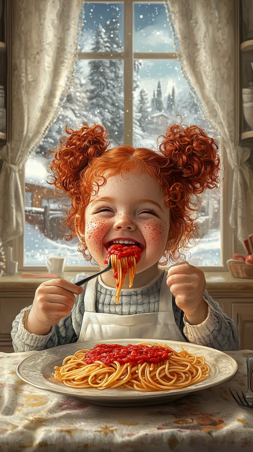 Ragazza rossa che ride mentre mangia spaghetti in una cucina accogliente