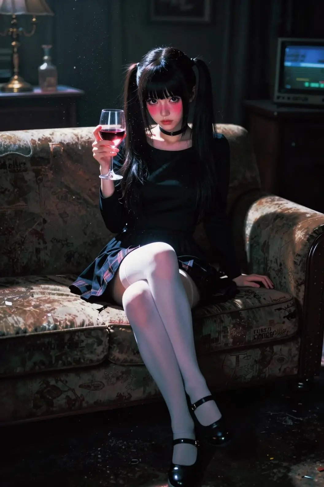 復古客廳中手持紅酒的憂鬱系動漫少女