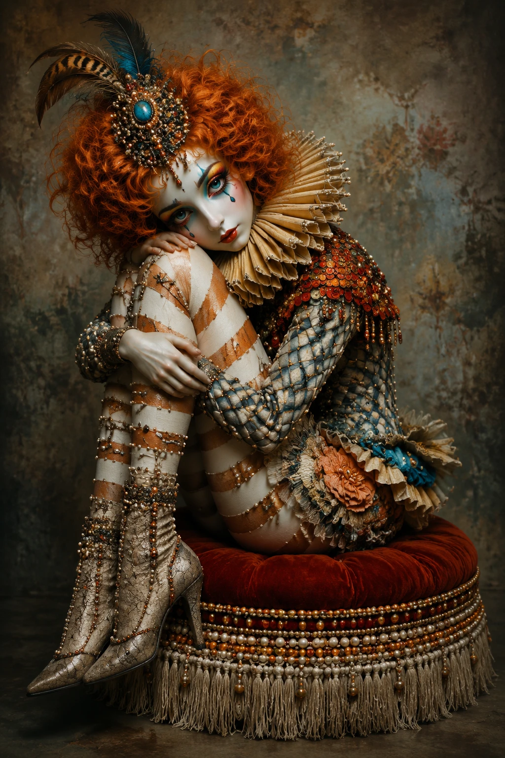 Surreal costumed woman in ornate theatrical attire