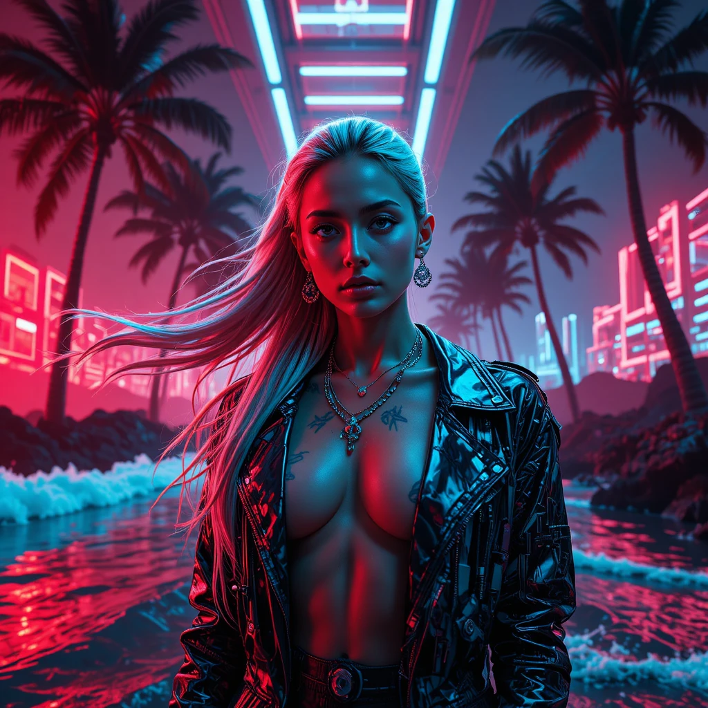 Portrait néon surréaliste d’une femme dans un paradis cyberpunk