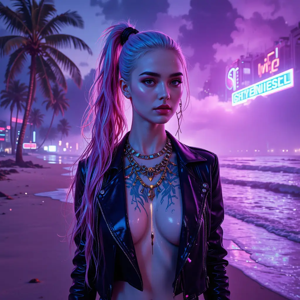 Cyberpunk woman on a neon lit tropical coastline