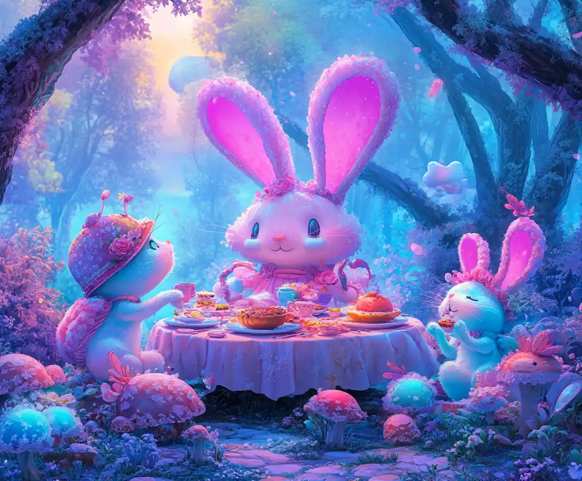 Whimsical fantasy creatures sharing breakfast in glowing forest