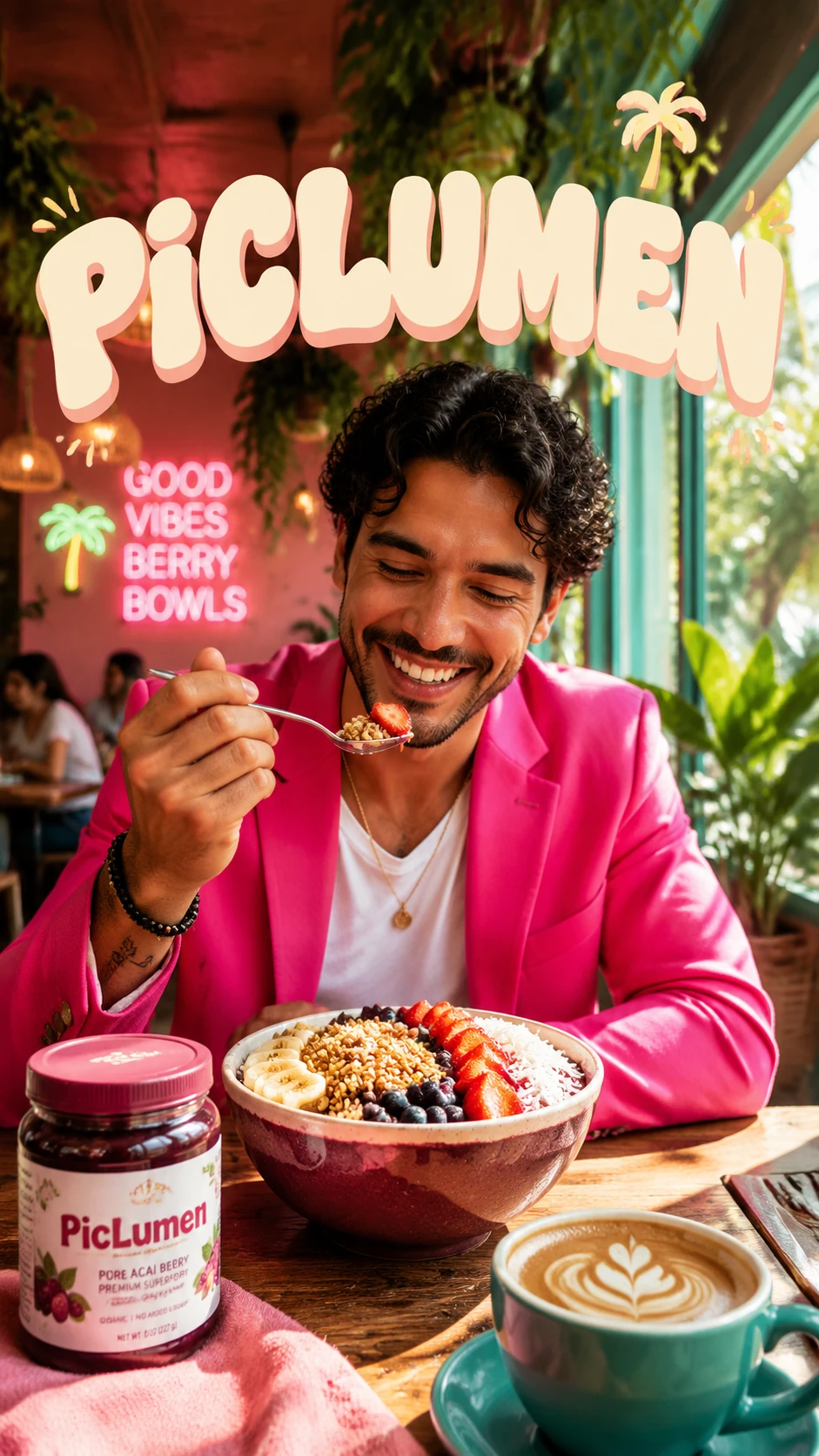 Latin man enjoying acai bowl in vibrant tropical cafe