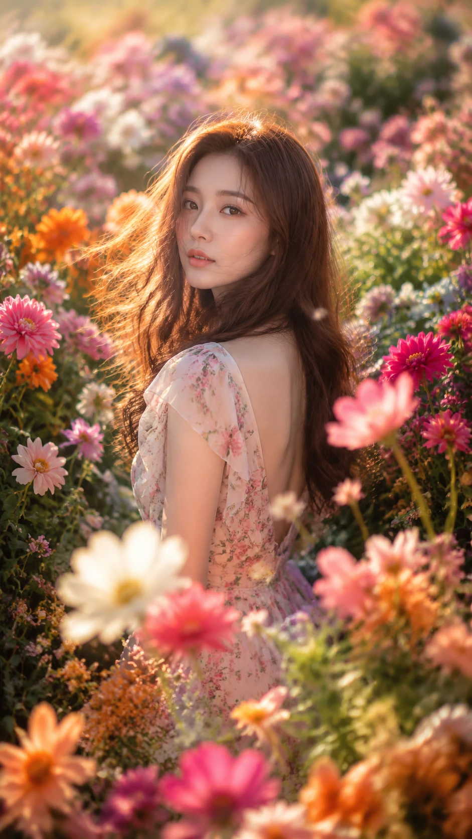 Woman standing in colorful flower field at golden hour
