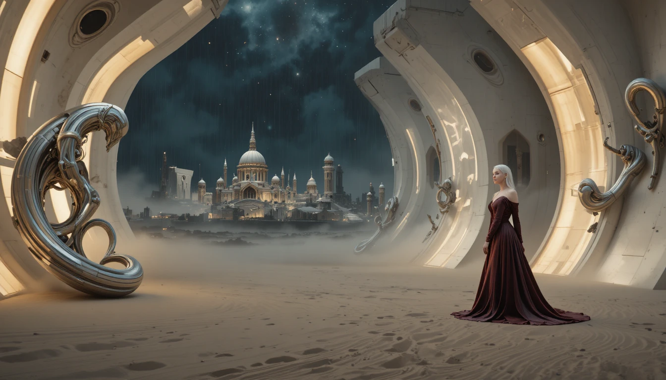 Futuristische Galerie mit abstrakten Skulpturen und Fantasiepaar