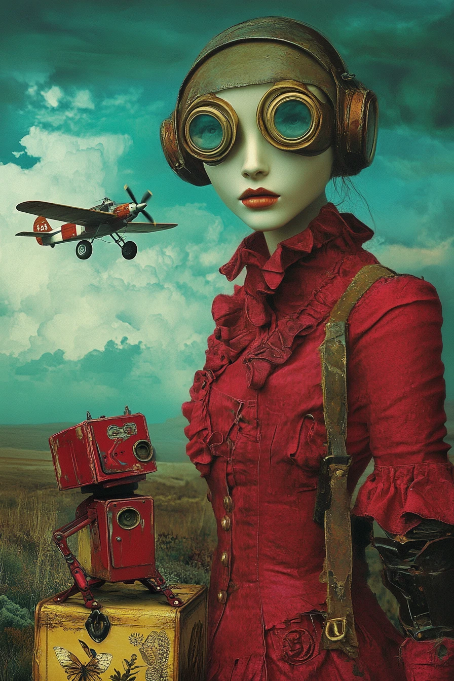 Donna steampunk surreale con robot sotto un cielo tempestoso color teal