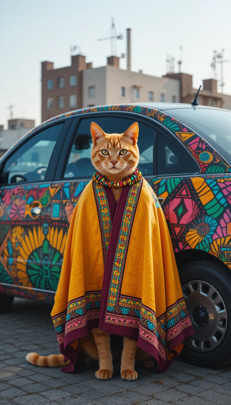 Gato malhado laranja em manta Ndebele ao lado de Fiat estampado