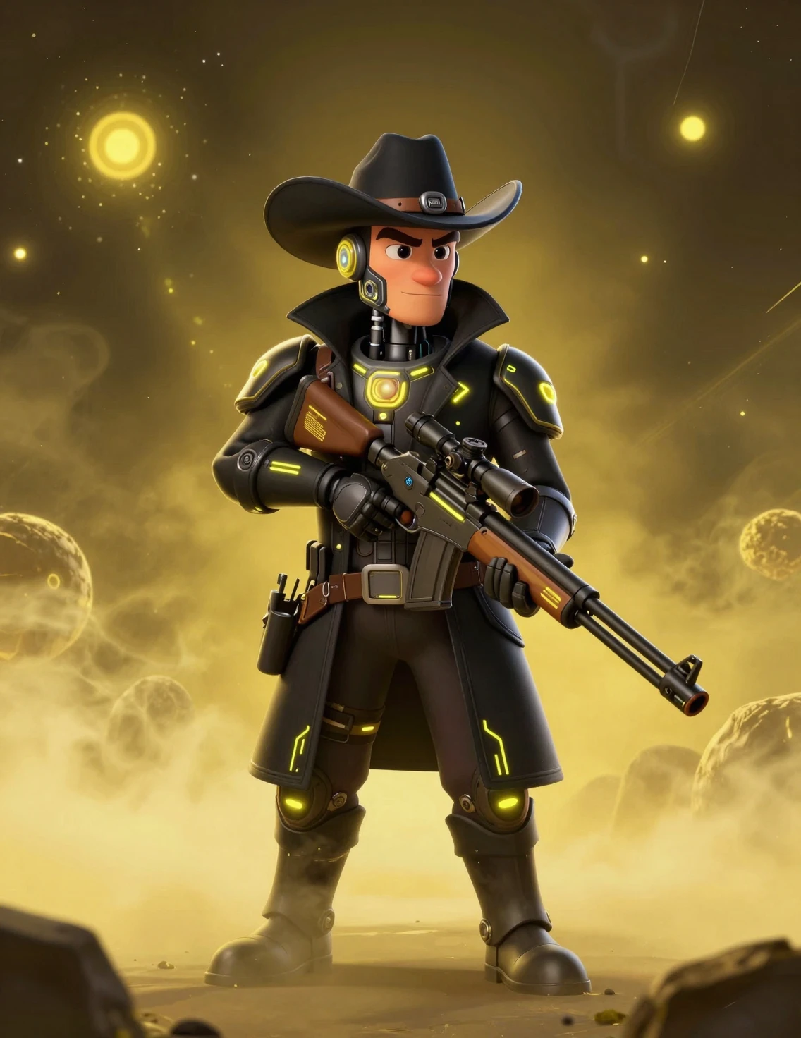 Sniper cyberpunk en manteau blindé néon flottant dans l’espace