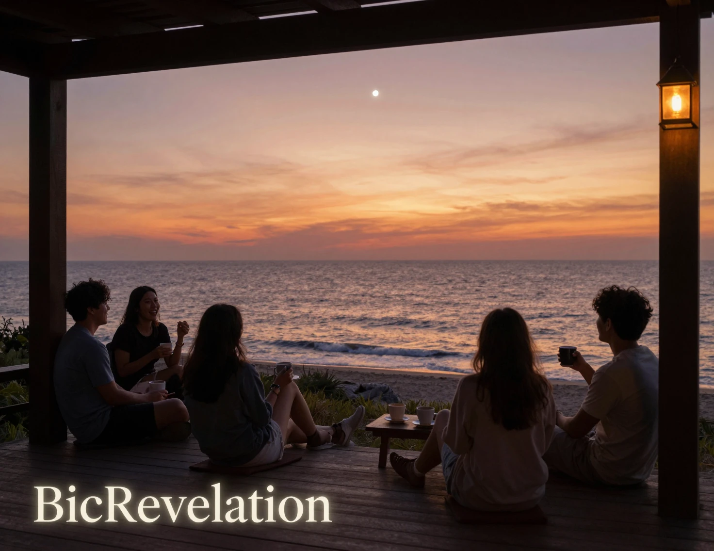 Friends relaxing on a wooden porch at ocean sunset