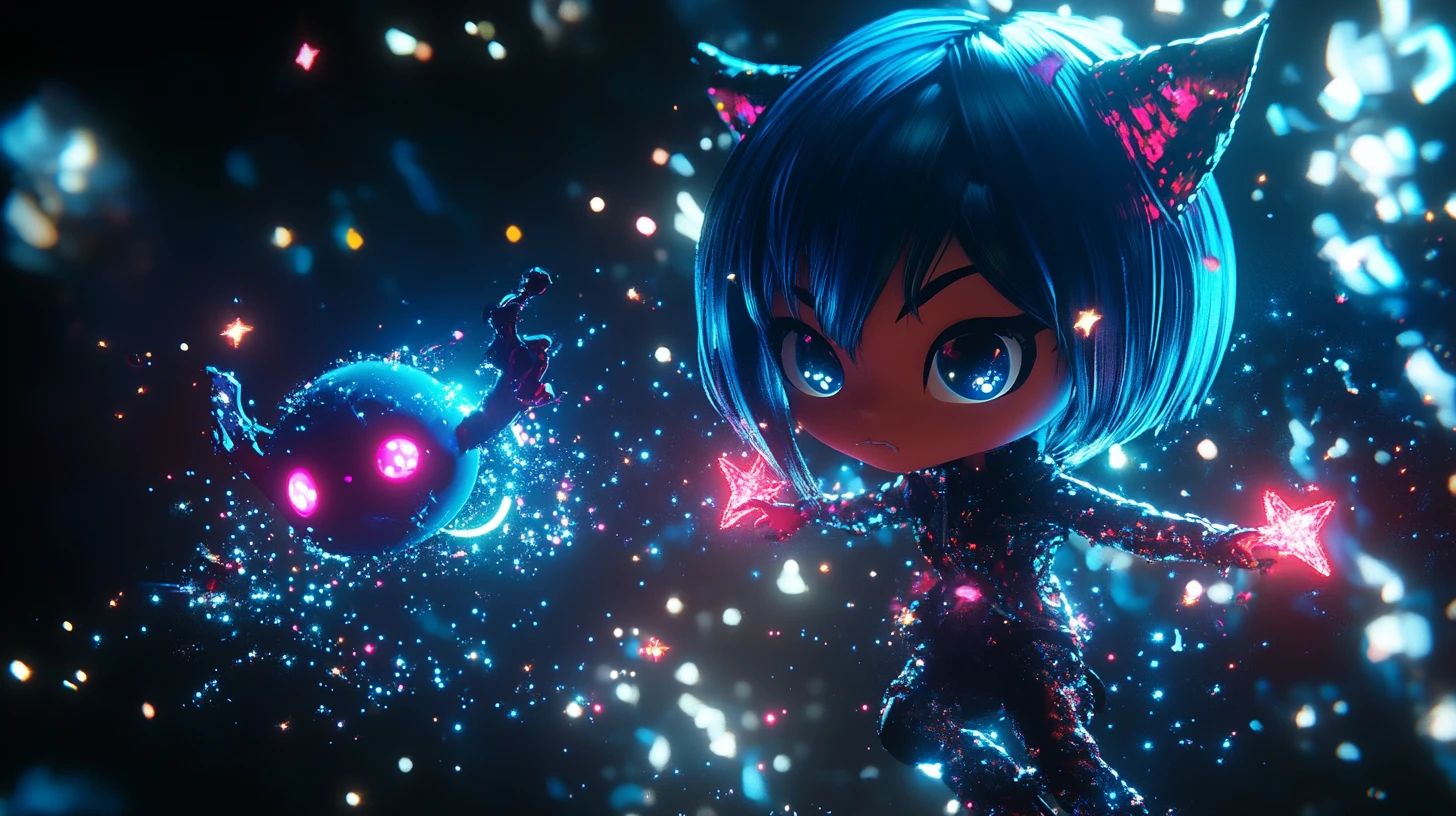 Fille démon chibi invoquant des étoiles néon dans l’espace cosmique
