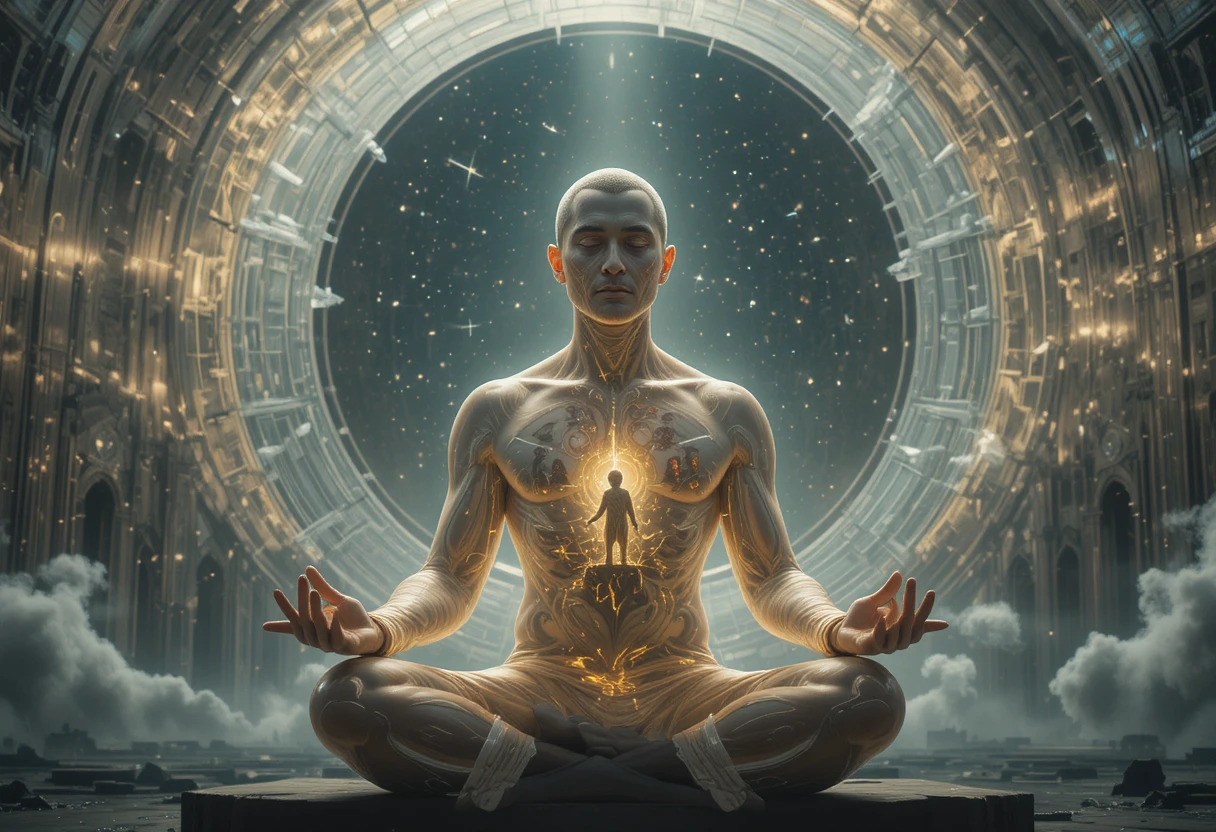 Homem de luz líquida em serena meditação cósmica