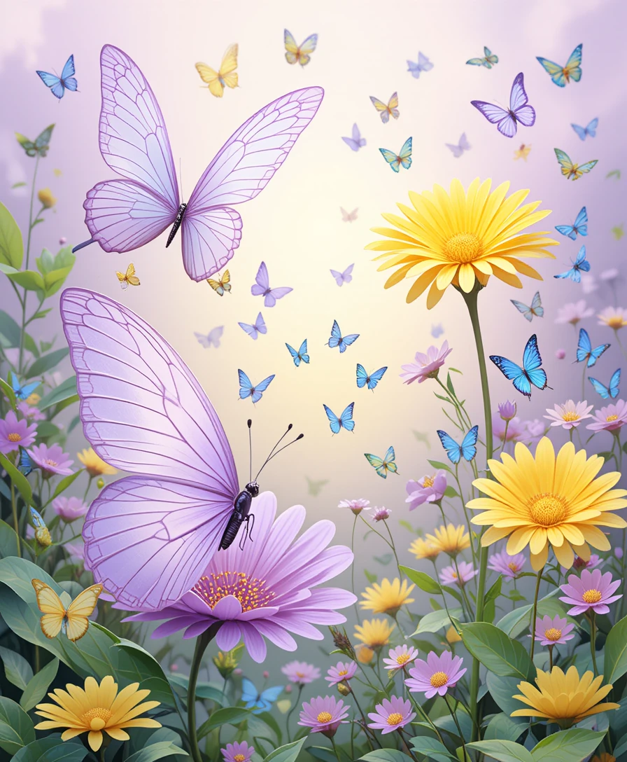 Purple butterfly in a lush garden with yellow flowers