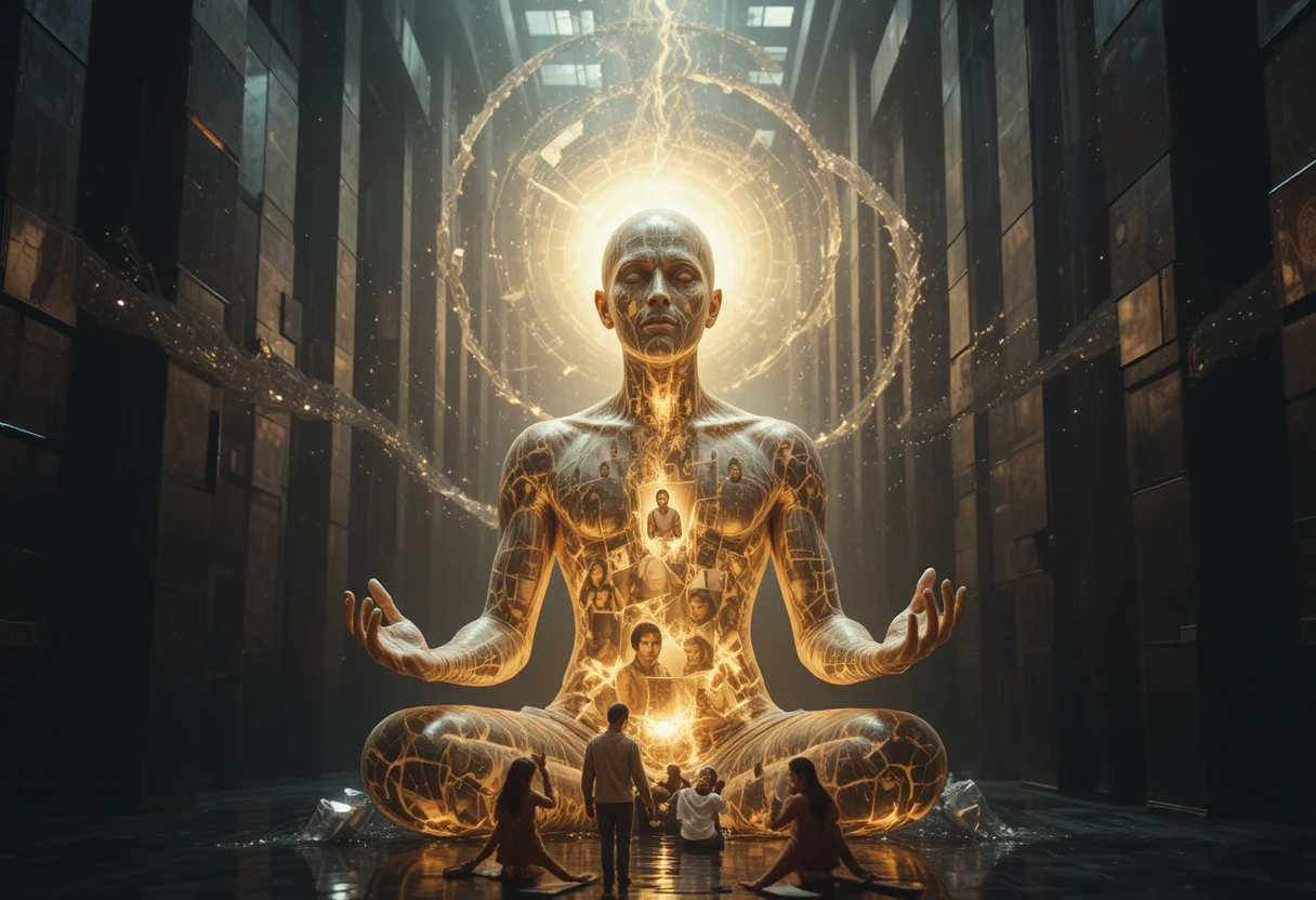 Homem de luz líquida em zen diante de um labirinto cósmico