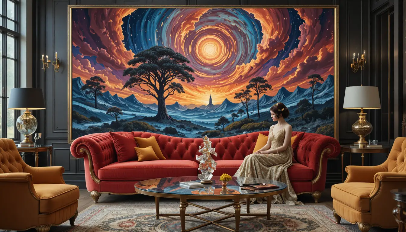 Canapé en velours rouge surréaliste devant une peinture cosmique tourbillonnante
