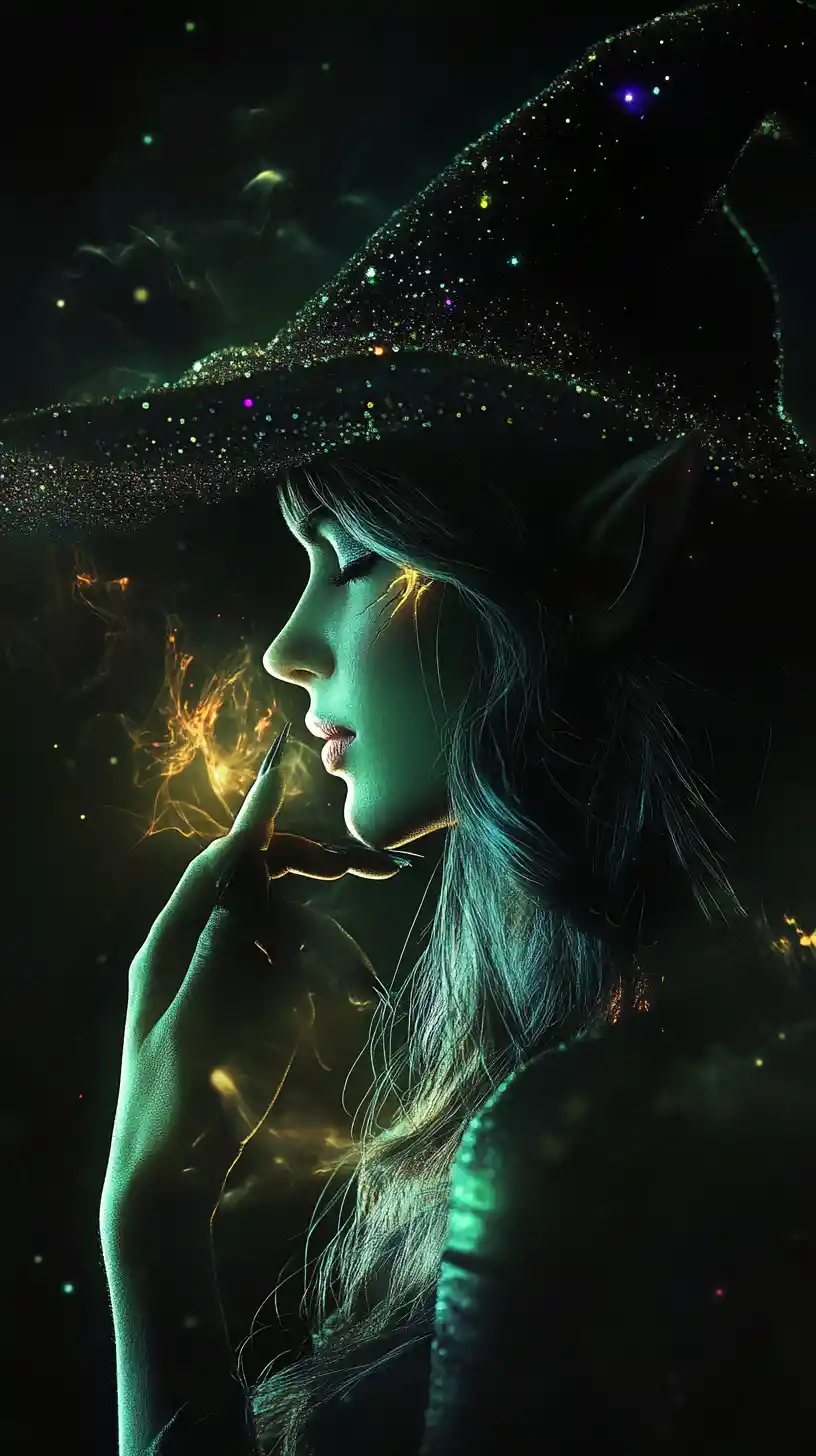 Elegante strega elfica di profilo con rune arcane luminose