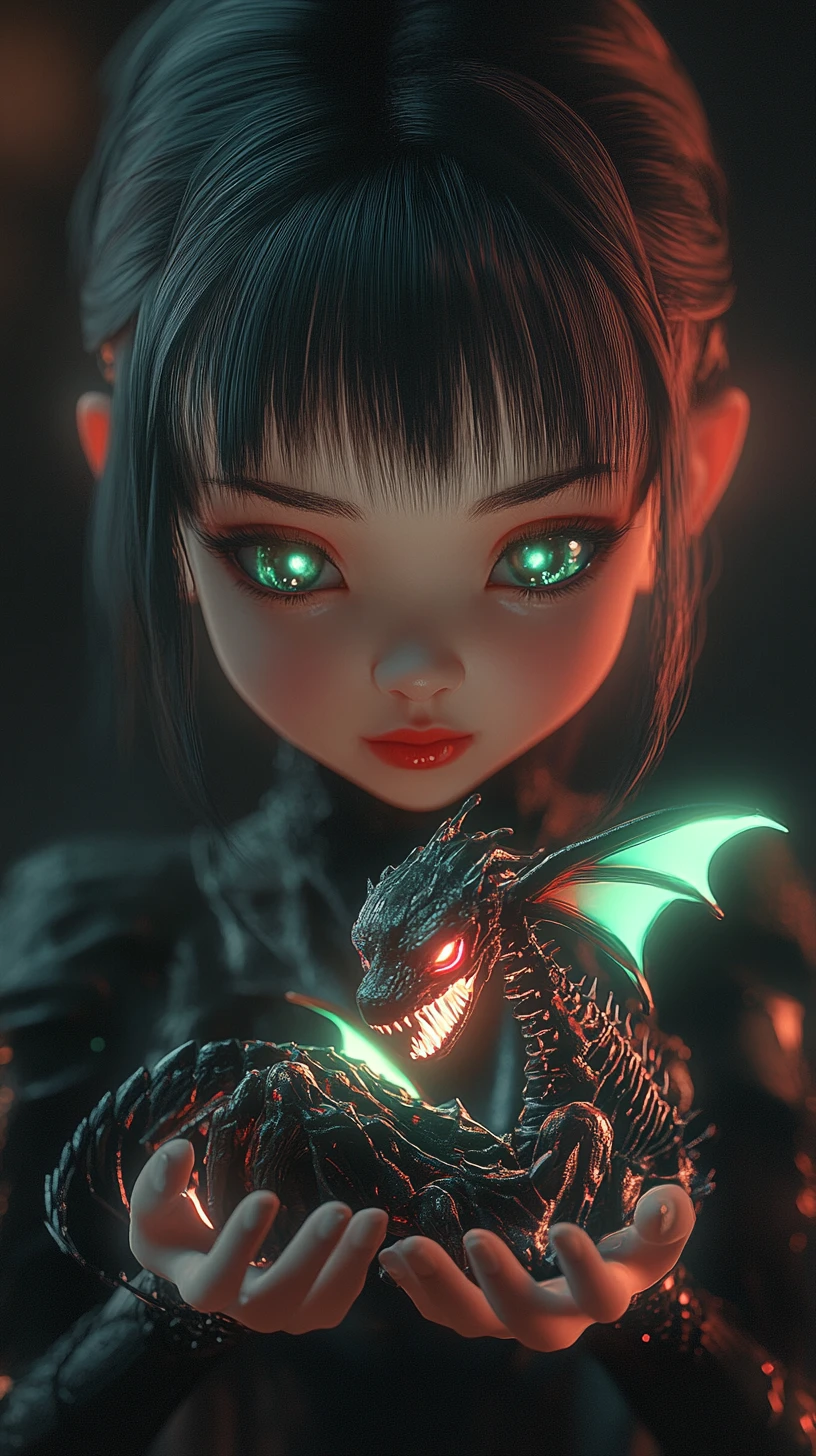 Fille démon gothique chibi berçant un minuscule dragon squelettique