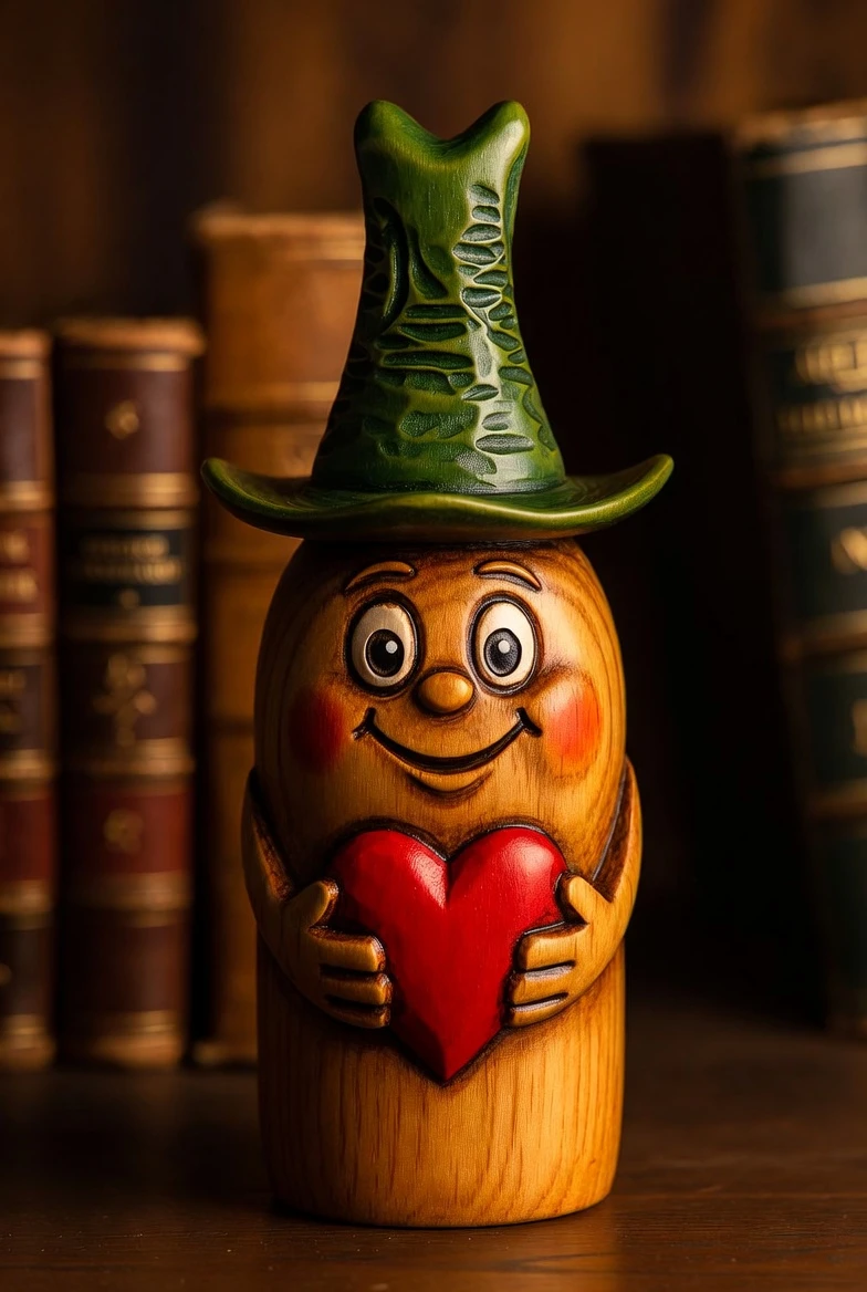 Geschnitzte Holzflasche, die ein rotes Herz auf Büchern umarmt