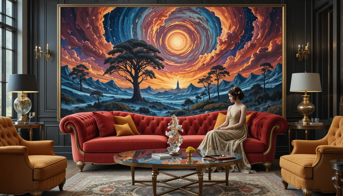 うねる宇宙絵画の前にあるシュールな赤いベルベットソファ