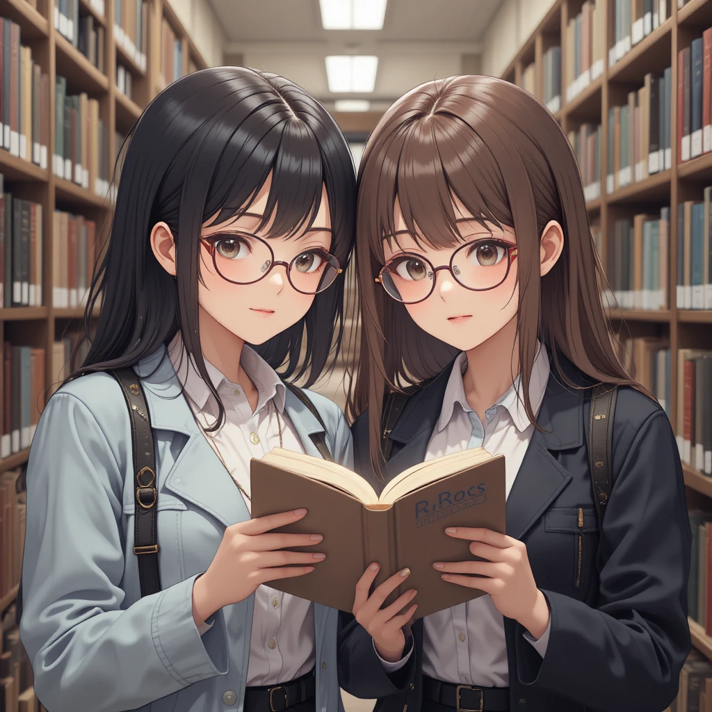 Casal de anime fofo lendo juntos em uma biblioteca aconchegante