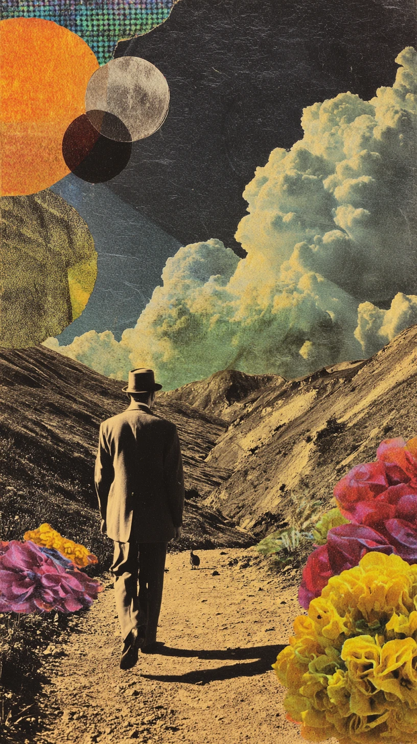 Colagem vintage surreal com composição minimalista e onírica