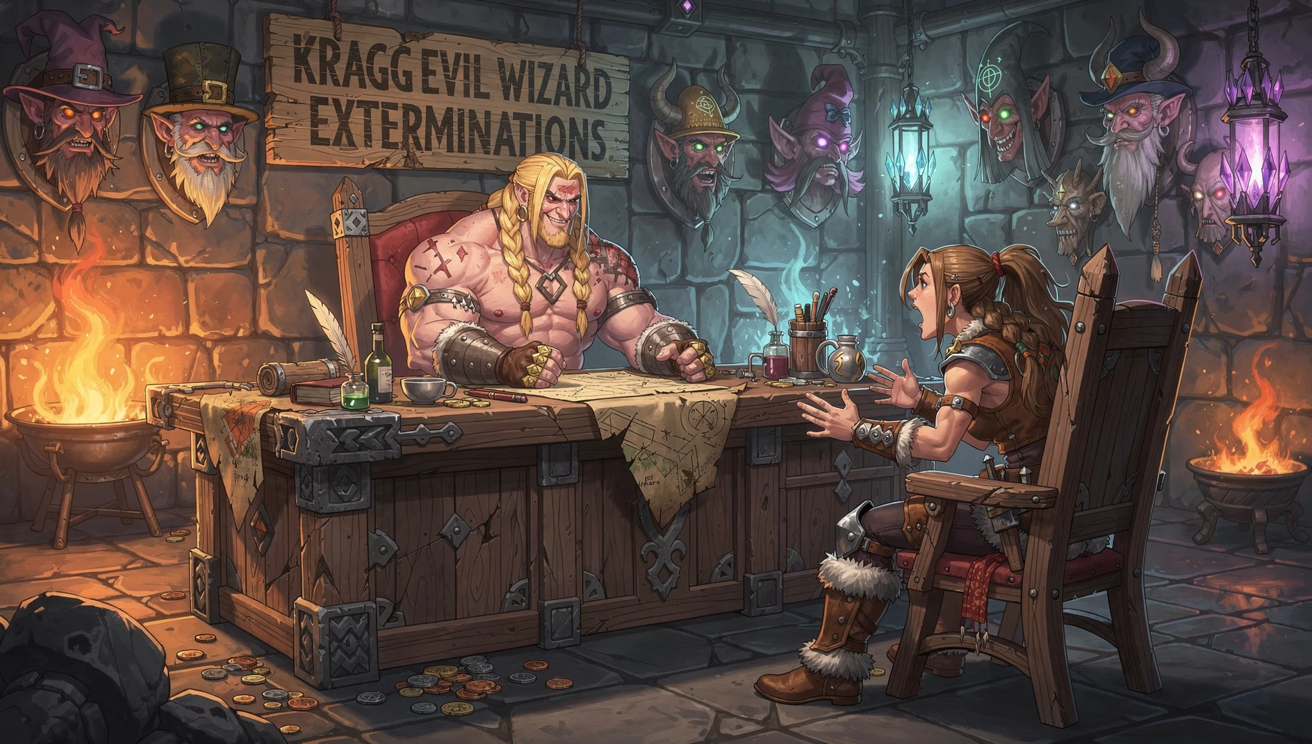 Bárbaro musculoso em uma mesa de escritório de fantasia com cliente