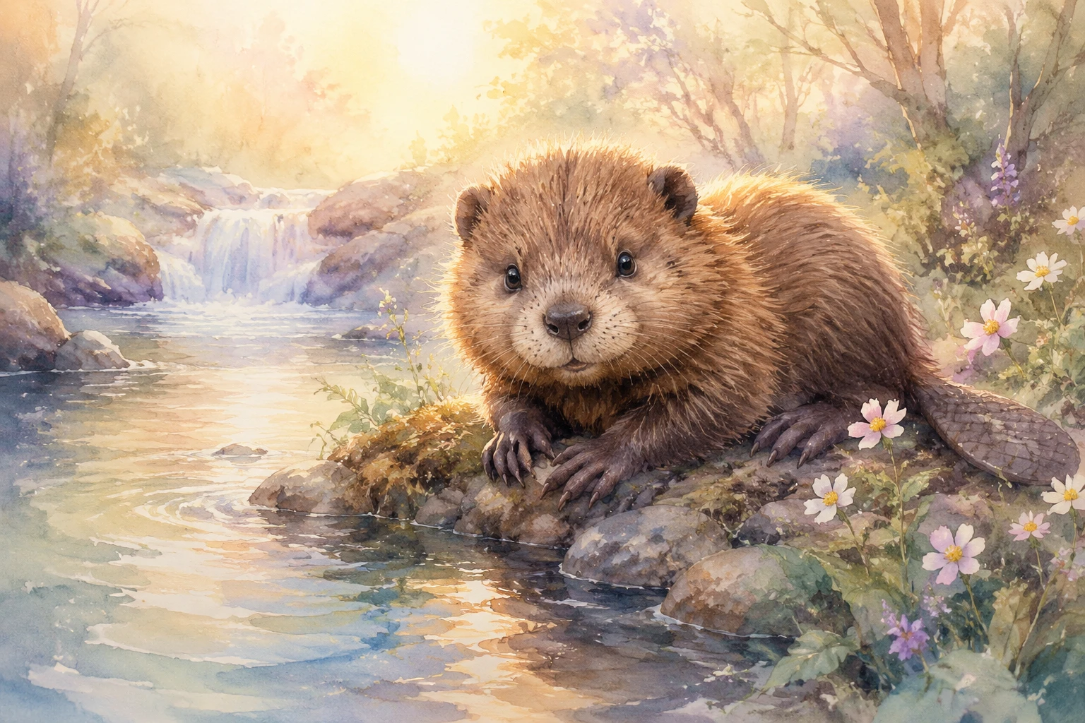 Adorable bébé castor se reposant sur une paisible berge de rivière en aquarelle